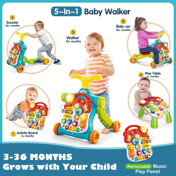 5 in 1 Baby Walker Sit-to-Stand Toys, Learning Walker for Boys Girls Toddler, Multifunctional Educational Activity Center Removable Play Panel, Push Walker Toys Gifts for Infant 6+ Months, Birthday Gift, Children'S Gifts, Eas