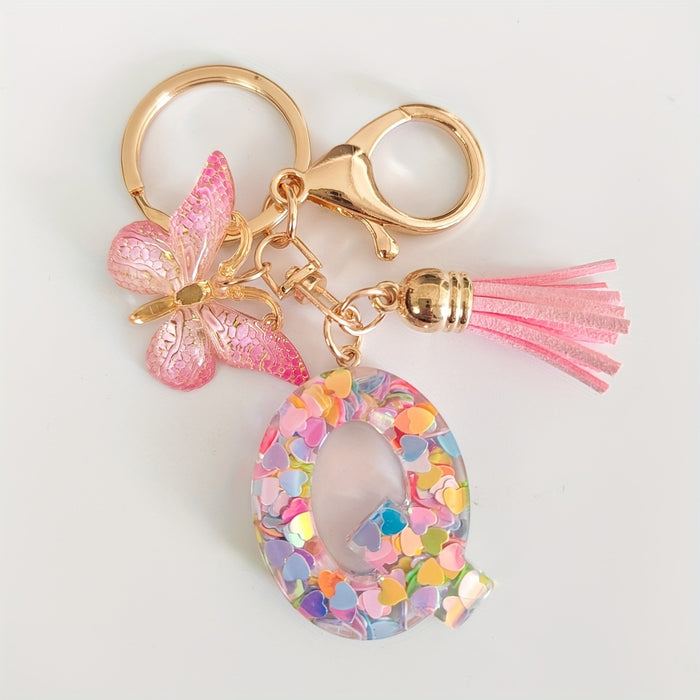 1pc Creative English Letter Pendant Keychain For Girls, Pink Sequin Drop Glue Butterfly Key Chain For Girls, Bag Car Key Ornament Christmas Gift