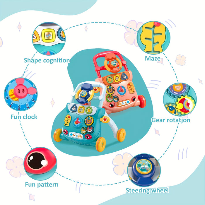 Interactive Youngsters Walker Car for Boys & Girls, 6-12 Months - Durable ABS Material, Parking Brake, Music & Educational Toys, Pink/Blue, 45cm x 32cm x 40cm