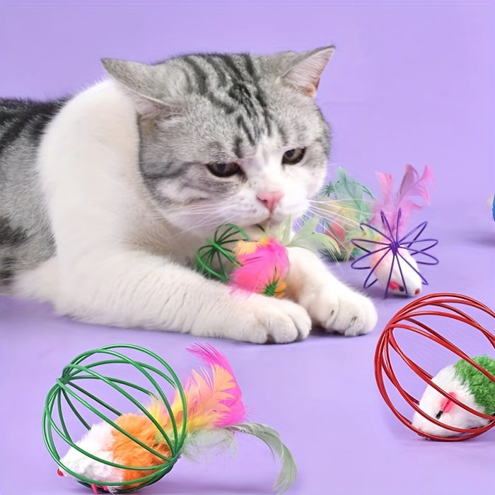 Amusing, Interactive Cat Toy with Real Feather Tail - Cage Mouse Teaser for Endless Fun, Durable Fabric Material, Cat Interactive Toy