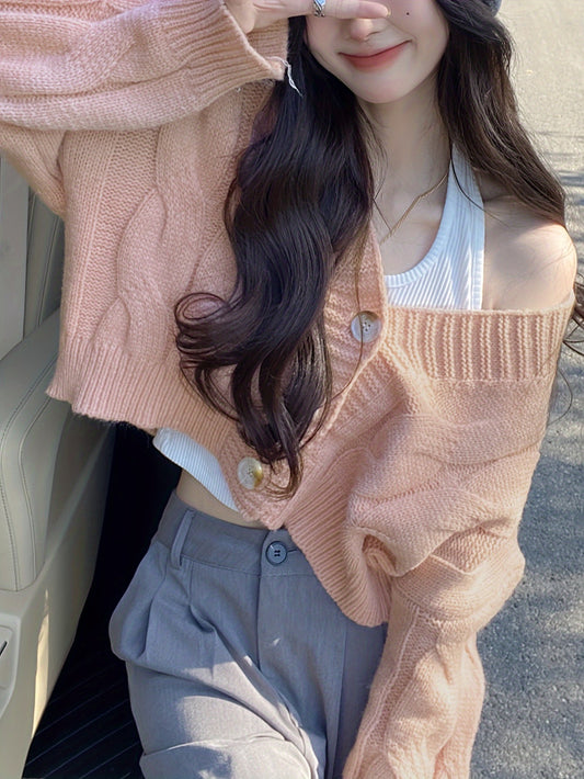 Women's Casual V-Neck Cardigan - Loose Fit, Long Sleeve, Button-Up Knit Sweater in Light Pink, Stretchy Polyester Blend, Perfect for Spring/Fall, Casual Wear|Buttonup Knitwear|Stylish Texture