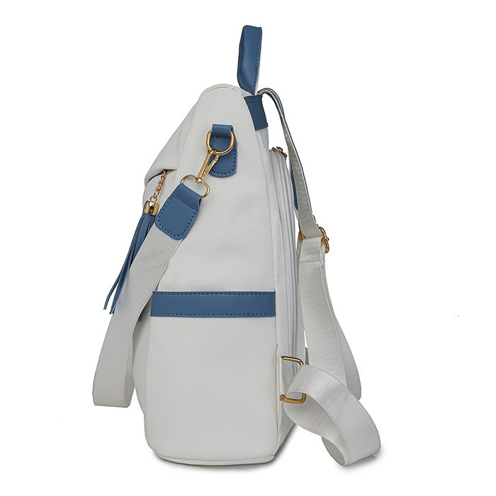 [Travel Ready] Elegant Women's Anti-Theft Lightweight Backpack - Chic White with Pink Accents, Large Capacity, Adjustable Straps, Tassel Detail, PU Material, Perfect for Travel & Daily Use