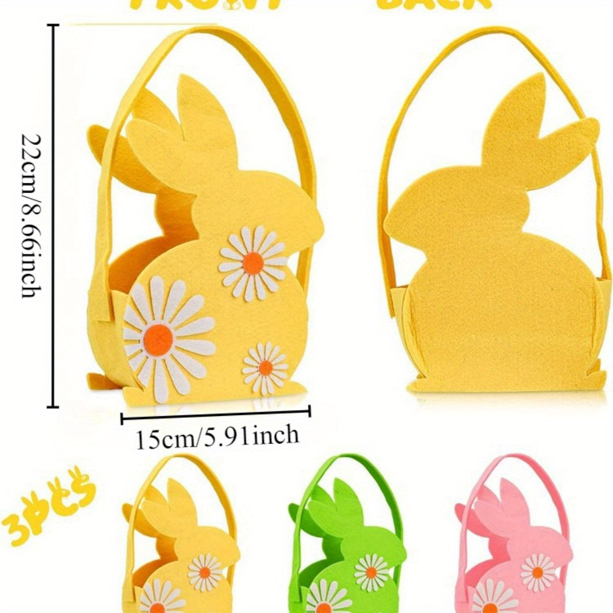 3pcs Felt Easter Bunny Baskets with Handles - Perfect for Easter Egg Hunts & Gifts, No Batteries Required