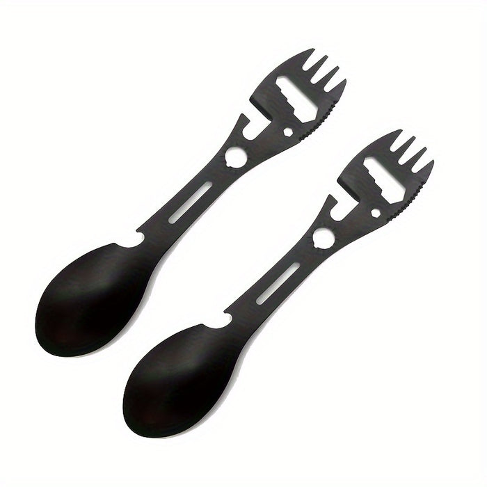 1/2pcs 10-in-1 Multi-Functional Tableware - Stainless Steel Portable Utensil, Can Opener, Serrated Knife, Wrench, Direction Indicator - Perfect for Outdoor Camping, Hiking, Picnic & Travel - For Adventurers & Outdoor Enthusia