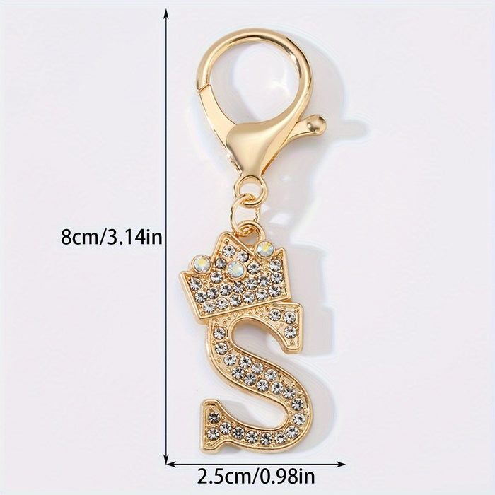 1pc Fashion Zinc Alloy Artificial Diamond Crown 26 English Letters Key Chain For Men, Bag Pendant To Friends