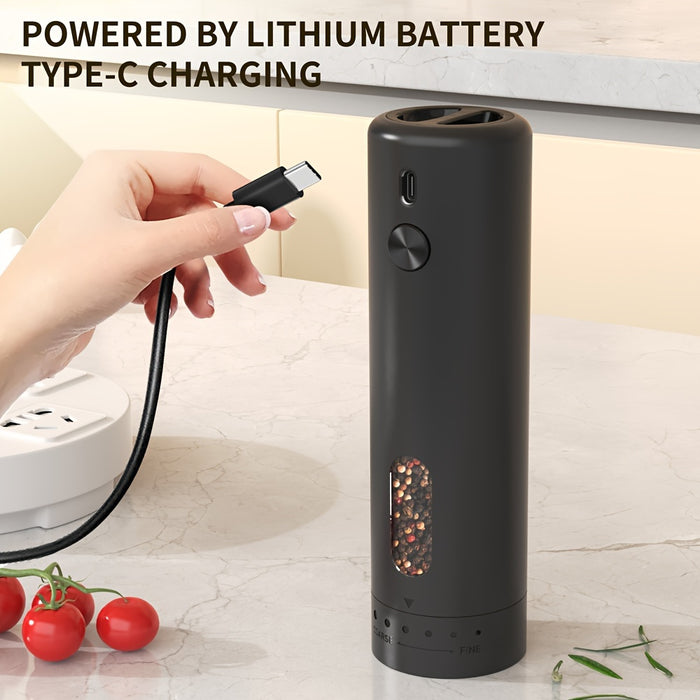 Electric Pepper Grinder Rechargeable, Automatic Salt and Pepper Mills Set with 3.72oz Container, External Adjustable Coarseness, White LED Light and One-Handed Operation for Kitchen, Outdoor, BBQ & Gift Giving