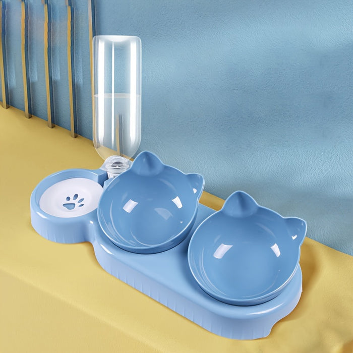 3-in-1 Pet Feeding Set: Tilted Cat Bowls with Gravity Water Bottle and Ear Design for Neck Protection