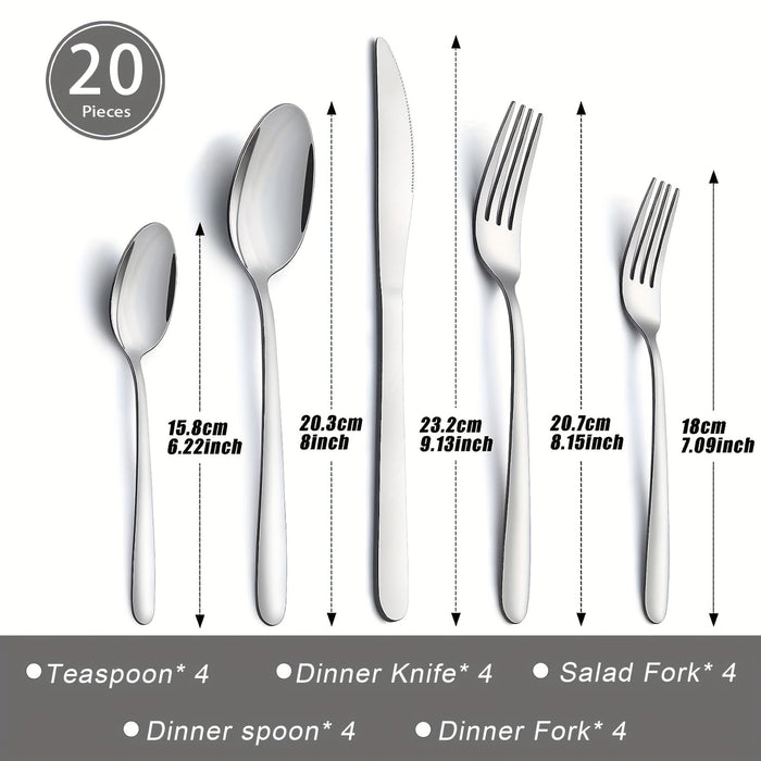 20pcs Food-Grade Stainless Steel Flatware Set, Silverware Set Includes Forks, Spoons And Knives, Utensils Set For Family/Party/Restaurant, Dishwasher Safe, Suitable For Holiday Gift-giving