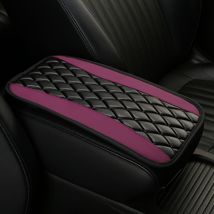 1pc Fit PU Leather Armrest Pad Cover with Diamond-Stitched Pattern, Non-Slip Sponge Center Console Mat for Car Interior Accessories, Available in 5 Colors (Black/Red/Blue/Purple/Gray)