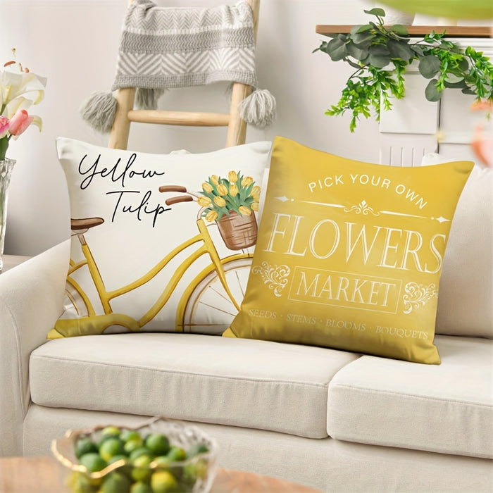 [4pcs Hello Sunshine Pillow Covers] 4pcs Spring Pillow Covers 18x18 Inch Hello Sunshine Tulip Throw Pillow Covers Spring Summer Farmhouse Decorations Yellow Bike Flowers Cushion Covers For Sofa Couch Home Decor, Room Decor, O