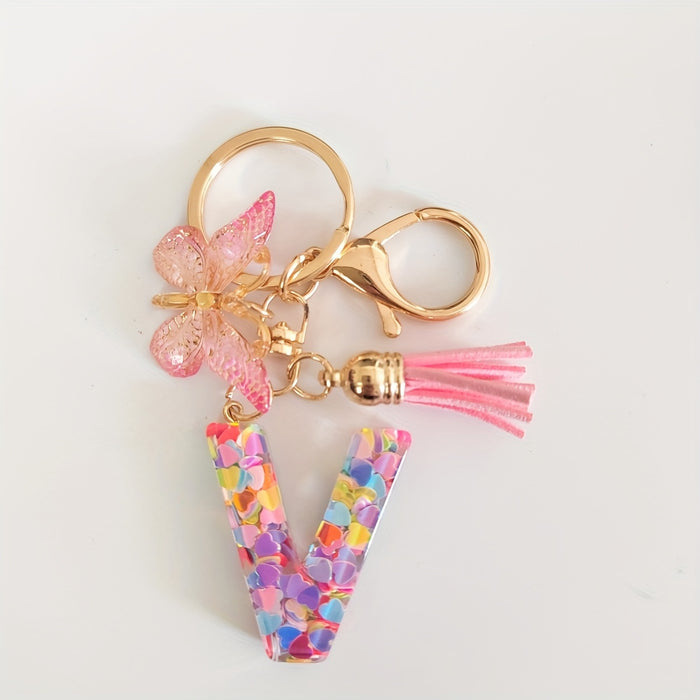 1pc Creative English Letter Pendant Keychain For Girls, Pink Sequin Drop Glue Butterfly Key Chain For Girls, Bag Car Key Ornament Christmas Gift