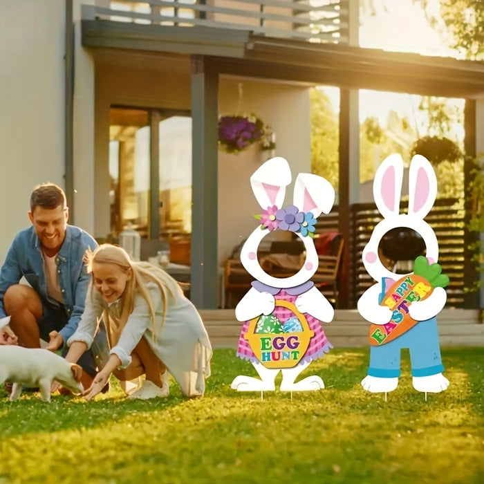2pcs Large Easter Bunny Yard Signs with Stakes, Art Deco Style Plastic Seasonal Outdoor Decorations, Happy Easter Party Photo Props, No Electricity or Battery Needed, Festive Garden Accessories|Festive Decoration|Durable Outd