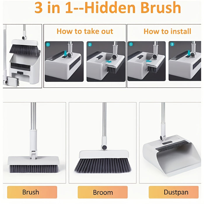 3-in-1 Foldable Broom and Dustpan Set, Unflagged Bristle Sweep Brush, Multi-Surface Cleaning Kit for Living Room, Bedroom, Bathroom, Carpet, Hard Floor, Durable Plastic, Home and Dorm Use