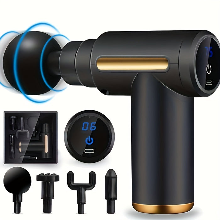 Portable LCD Massage Gun with USB Charging, Durable ABS Material, 4 Interchangeable Heads, Digital Display & Ergonomic Handle - Perfect for Fitness, Outdoor Use & Holiday Gifts (Black & Golden), Outdoor Massage Device | Moder
