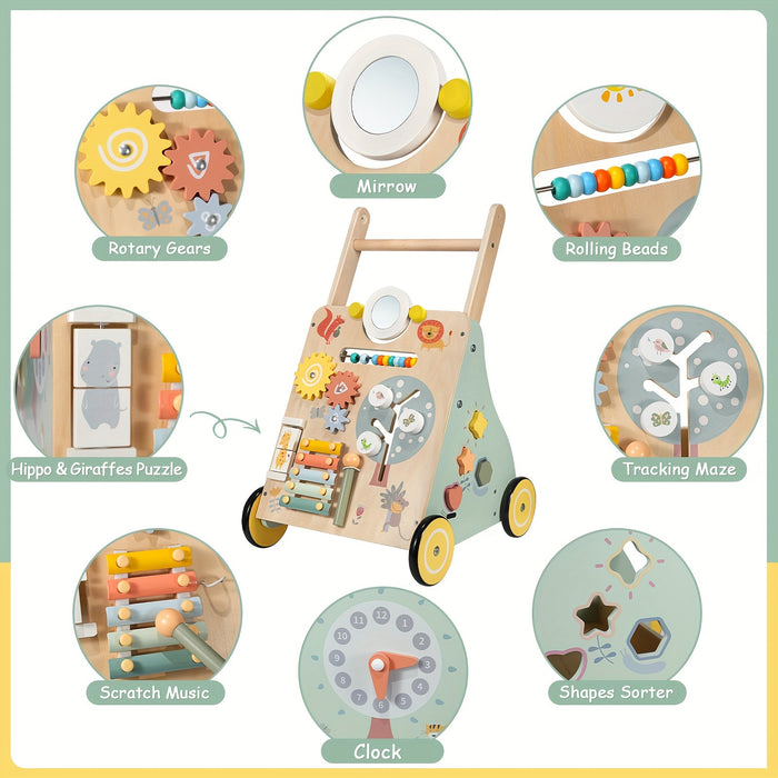 Wooden Baby Walker - Multiple Learning Activities Center Develops Motor Skills for Infant to Toddler, Push and Pull Walkers with Wheel - For Boys & Girls -  Suitable for 6-18 Months -  Perfect Gift for Baby Shower