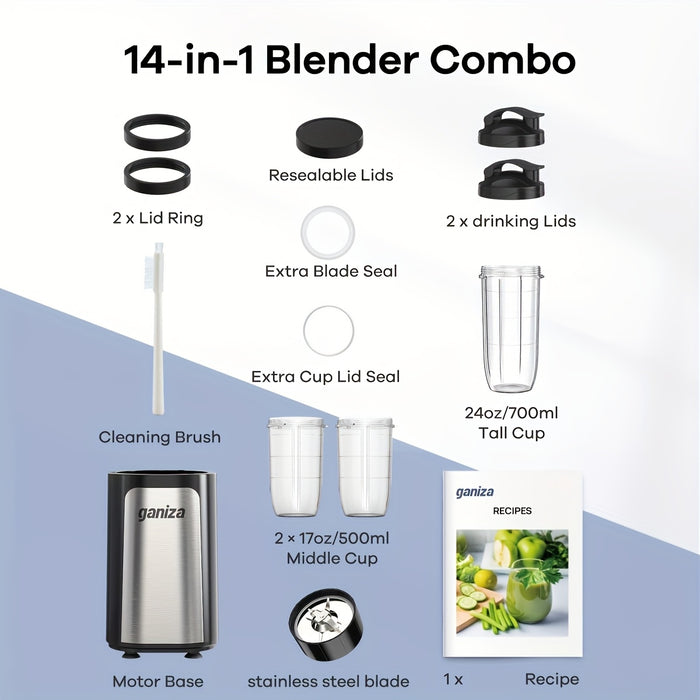 Ganiza 14pcs Countertop Juicer&Blender for Summer Shakes and drinks with 3 Portable Blender Cup And Cleaning Brush for Juice, Shakes, Fruits and Vegetables, Personal Smoothie and Juice Maker for Kitchen, Summer Gift for Famil