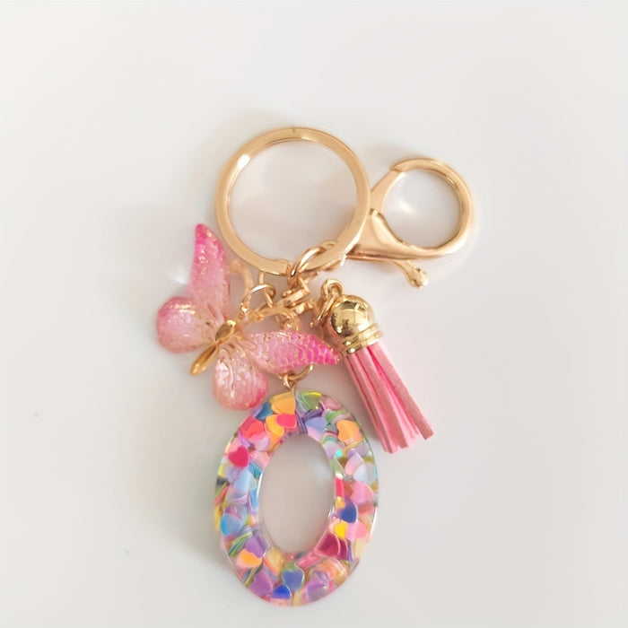 1pc Creative English Letter Pendant Keychain For Girls, Pink Sequin Drop Glue Butterfly Key Chain For Girls, Bag Car Key Ornament Christmas Gift