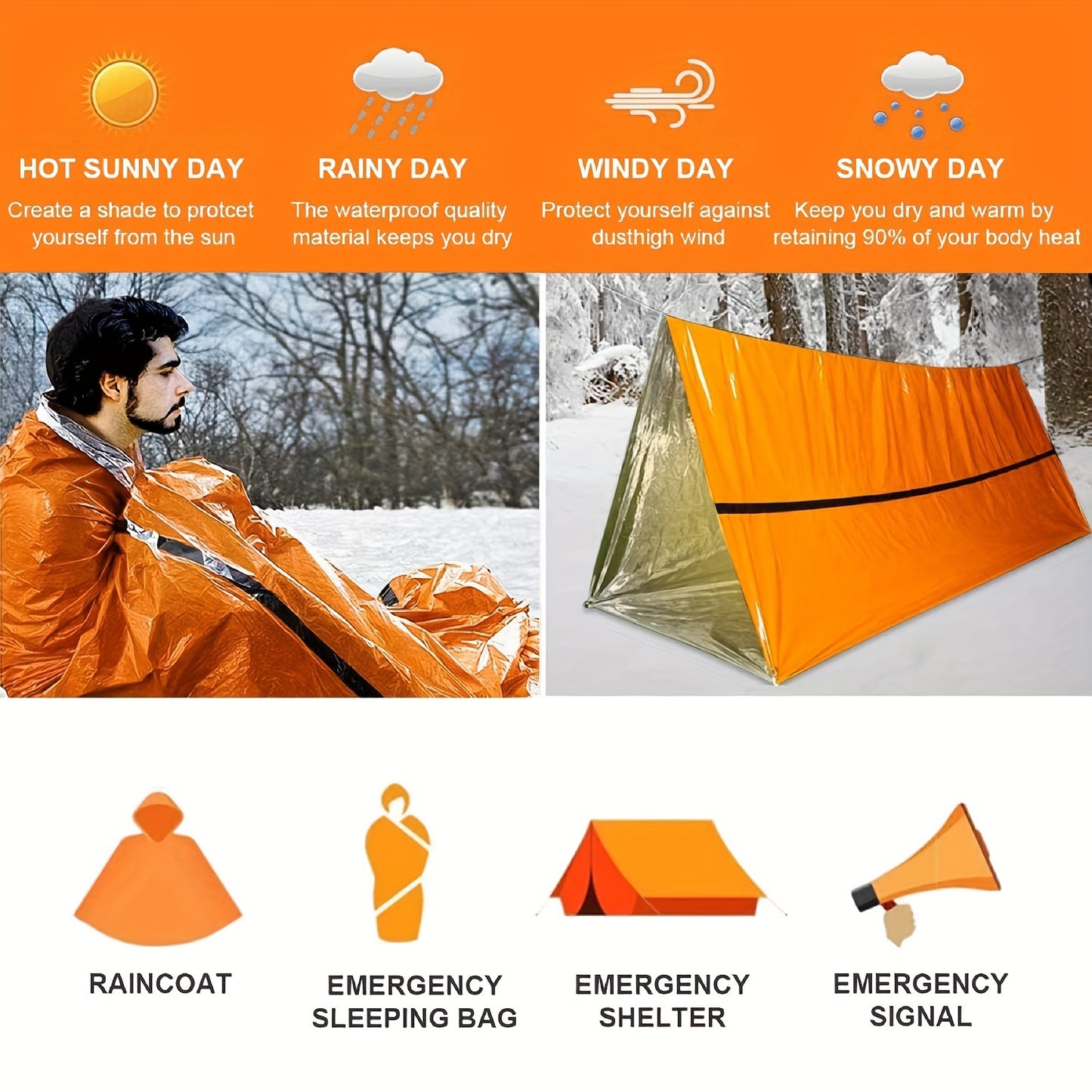 Lightweight & Portable Orange Emergency Sleeping Bag - Reusable, PE Material Survival Blanket with Drawstring Closure, Ideal for Camping, Hiking & Outdoor Rescue, 35.8x83.8 Inches, Camping Blanket