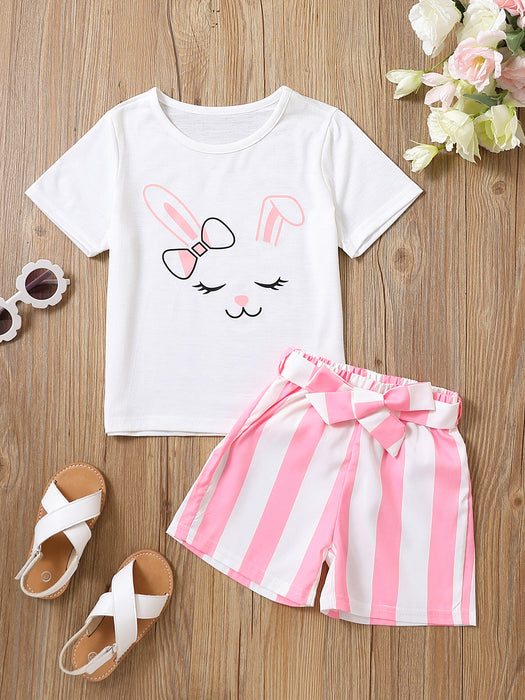2pcs Toddler Girls Easter Cartoon Bunny Graphic T-Shirts Round Neck Short Sleeve Tees Top & Elastic Waist Belted Stripe Shorts Set Kids Summer Outdoor Clothes