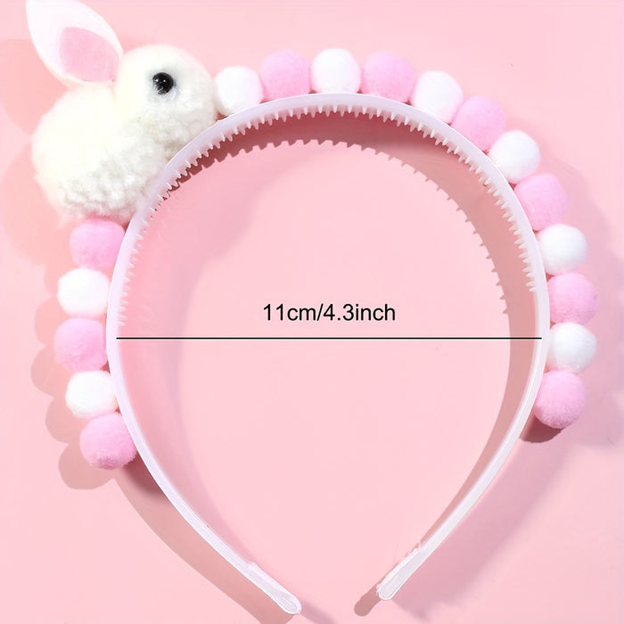1pc Adorable Fluffy Rabbit Headband for Girls, Pink Polyester Bunny Hair Hoop with Pom Pom, Non-Woven Fabric, Sweet Hair Accessory for Easter Party