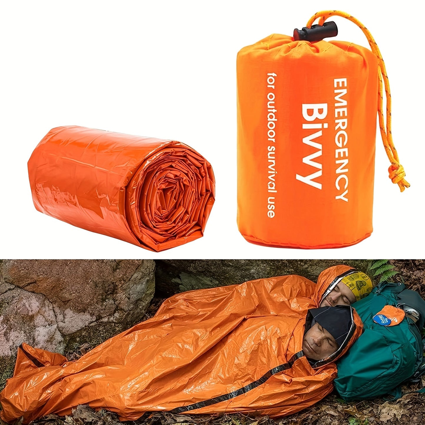 Lightweight & Portable Orange Emergency Sleeping Bag - Reusable, PE Material Survival Blanket with Drawstring Closure, Ideal for Camping, Hiking & Outdoor Rescue, 35.8x83.8 Inches, Camping Blanket