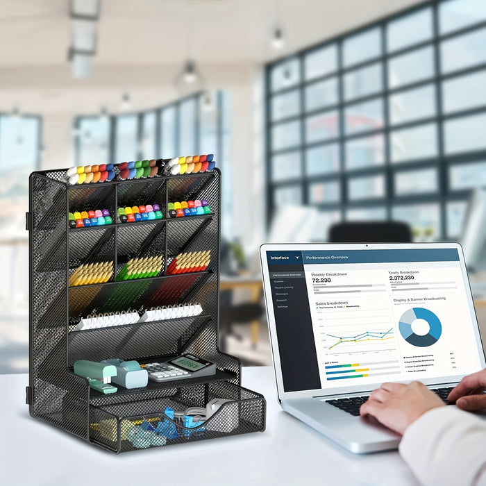 [1 Pcs Multi-Functional Organizer] 1 Pcs Pen Organizer for Desk, Multi-Functional Desk Organizer, Wall Mount Pen Holder with Drawer for School, Office, Home, Art Supplies, Black