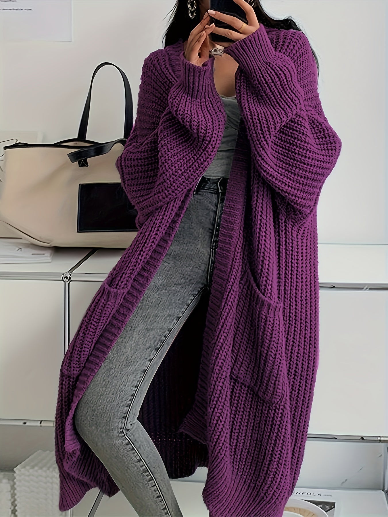 Women's Solid Color Open Front Knitted Cardigan, Long Sleeve, Spring/Fall Casual Wear