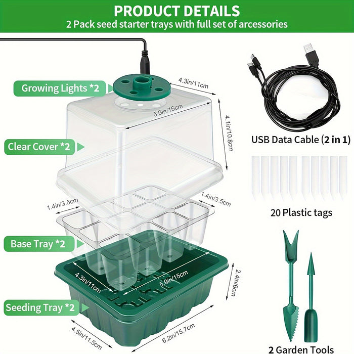 Seed Starter Disc with Growth Lamp, 2 Sets of Seed Germination Kits, with Adjustable Humidity Dome, Seedling Starter Disc with Heightening Lid, 8 Full Spectrum LED Bulbs for Indoor Plants, Mini Greenhouse for Seed Germination
