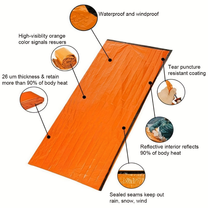Lightweight & Portable Orange Emergency Sleeping Bag - Reusable, PE Material Survival Blanket with Drawstring Closure, Ideal for Camping, Hiking & Outdoor Rescue, 35.8x83.8 Inches, Camping Blanket