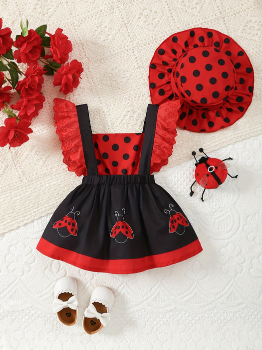 [Ladybug Summer Dress Set] 2pcs Little Bee Ladybug Summer Dress - Striped Full-Print Exposed Back Spliced for Lotus Lace Adjustable Suspender + Sun Hat Set