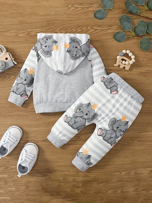 2pcs Baby Boy Baby Elephant Cartoon Print Comfortable Long Sleeve Hooded Top + Stitched Stripes Baby Elephant Full Print Trousers Two Sets, for Outdoor
