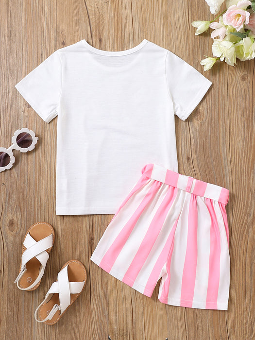 2pcs Toddler Girls Easter Cartoon Bunny Graphic T-Shirts Round Neck Short Sleeve Tees Top & Elastic Waist Belted Stripe Shorts Set Kids Summer Outdoor Clothes