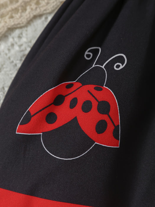 [Ladybug Summer Dress Set] 2pcs Little Bee Ladybug Summer Dress - Striped Full-Print Exposed Back Spliced for Lotus Lace Adjustable Suspender + Sun Hat Set