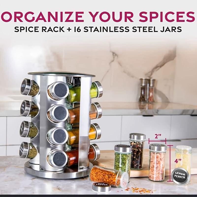 16pcs Stainless Steel Spice Rack Set with 360° Rotating Carousel - Durable, Rust-Proof & Moisture-Resistant Kitchen Organizer for Seasonings and Condiments