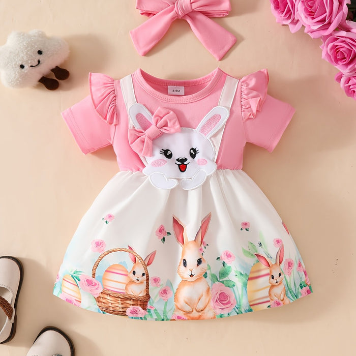 Adorable Bunny Print Short Sleeve Dress with Matching Headband for Girls - Soft Polyester Blend, Cute Rabbit Design, White Collar, Pink Floral Pattern, Summer Outfit for Toddlers, Perfect for Outdoor
