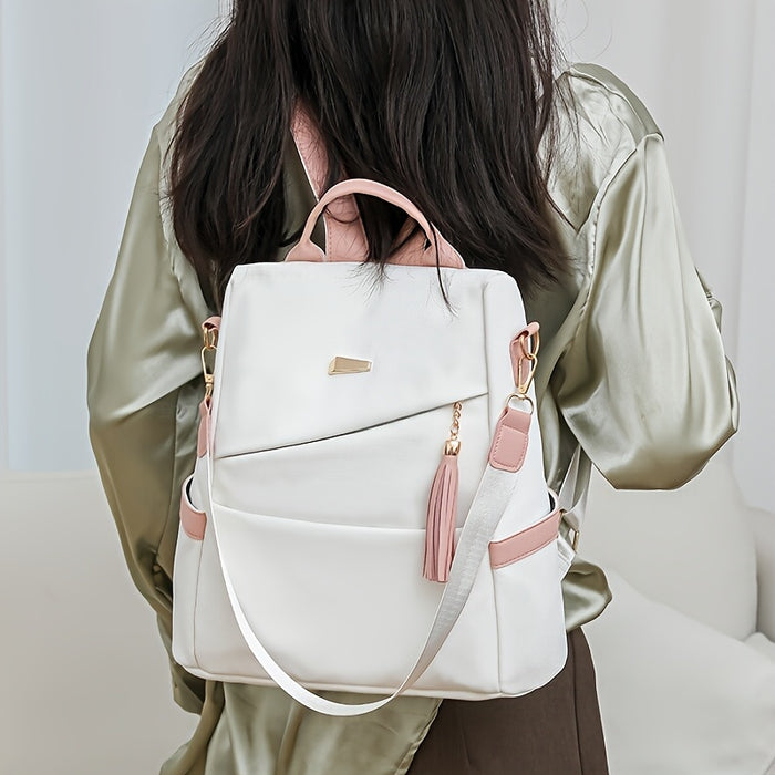 [Travel Ready] Elegant Women's Anti-Theft Lightweight Backpack - Chic White with Pink Accents, Large Capacity, Adjustable Straps, Tassel Detail, PU Material, Perfect for Travel & Daily Use