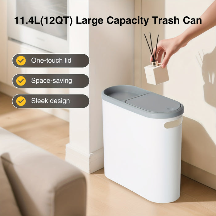 White trash can with gray lid in a room setting, featuring text on its features.