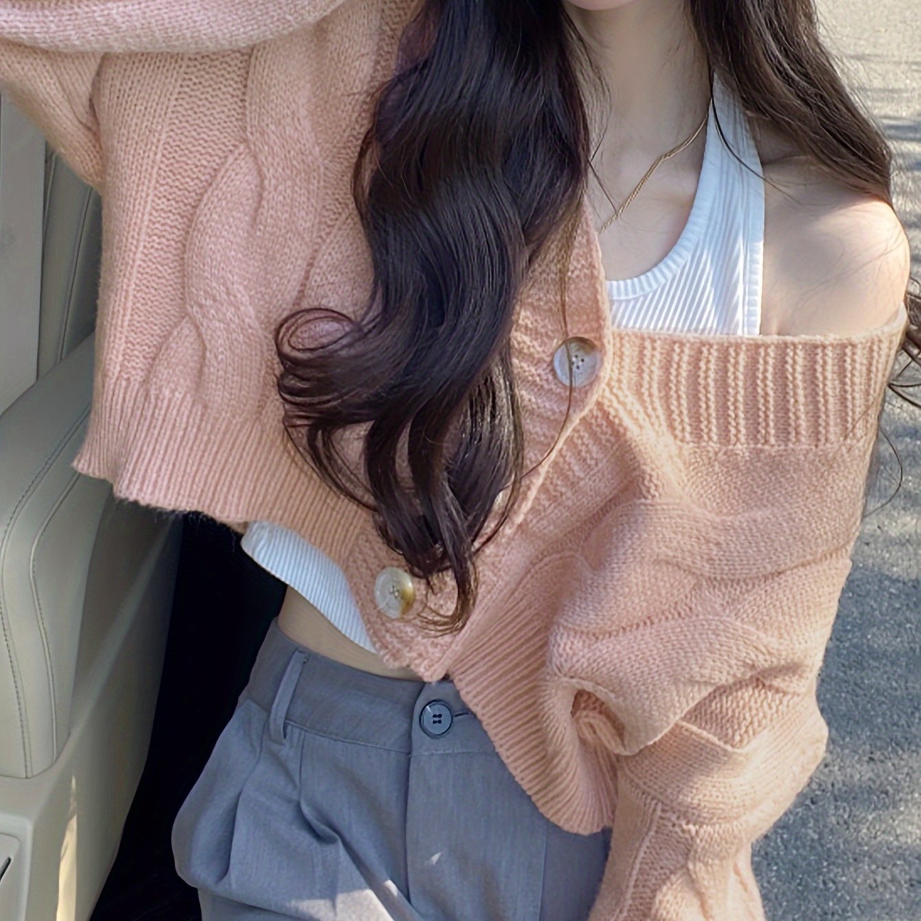 Women's Casual V-Neck Cardigan - Loose Fit, Long Sleeve, Button-Up Knit Sweater in Light Pink, Stretchy Polyester Blend, Perfect for Spring/Fall, Casual Wear|Buttonup Knitwear|Stylish Texture