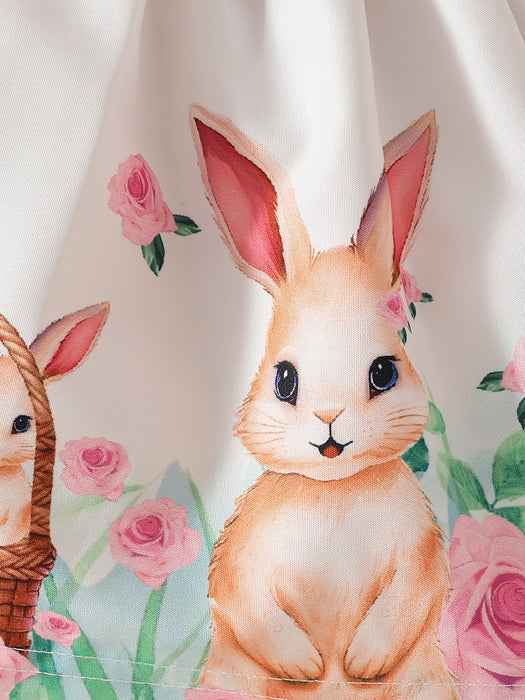 Adorable Bunny Print Short Sleeve Dress with Matching Headband for Girls - Soft Polyester Blend, Cute Rabbit Design, White Collar, Pink Floral Pattern, Summer Outfit for Toddlers, Perfect for Outdoor