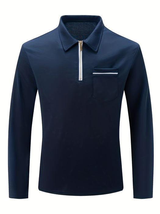 Men's Casual Long Sleeve Zipper Lapel Shirt with Chest Pocket, Spring/Fall Outdoor Wear
