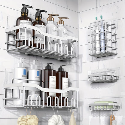 Adhesive Shower Caddy, 5 Pack Rustproof Stainless Steel Bath Organizers With Large Capacity, No Drilling Shelves For Bathroom Storage & Home Decor