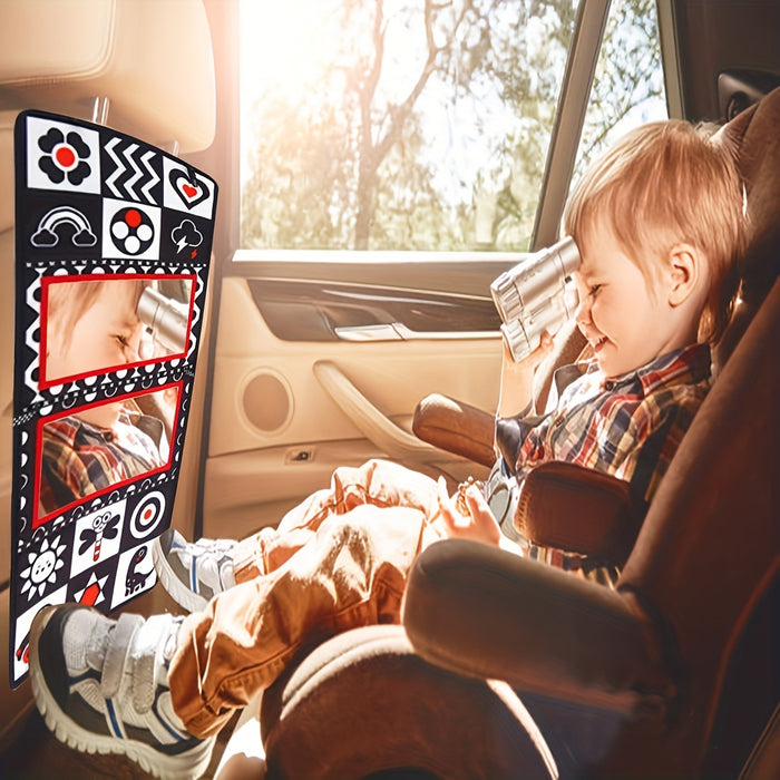 Baby Tummy Time Mirror - Early Learning Sensory Stimulation, Safe Materials, Car Seat Back Hanging Toy, Foldable Infant Black and White Cognitive Mirror - Gift