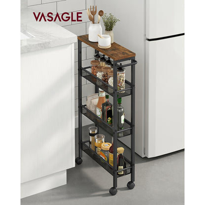 VASAGLE 4-Tier Steel Rolling Storage Cart with Hardwood Top, Rustic Brown & Black, Slim 5.1" Deep Organizer, with Wood-Based Panel & Metal Frame, for Kitchen, Dining, Living Room, Home Office