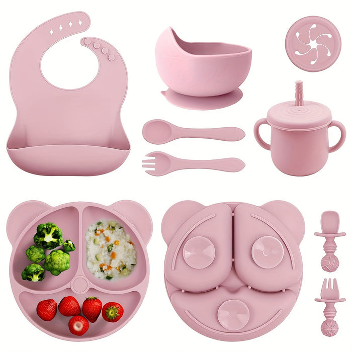 10-Piece BPA-Free Silicone Toddler Feeding Set - Pink Animal Print, Includes Suction Cup Dividers, Spoon, Fork, Straw Cup, Bib - Microwave & Oven Safe - For Baby Led Weaning - Perfect Gift for New Parents