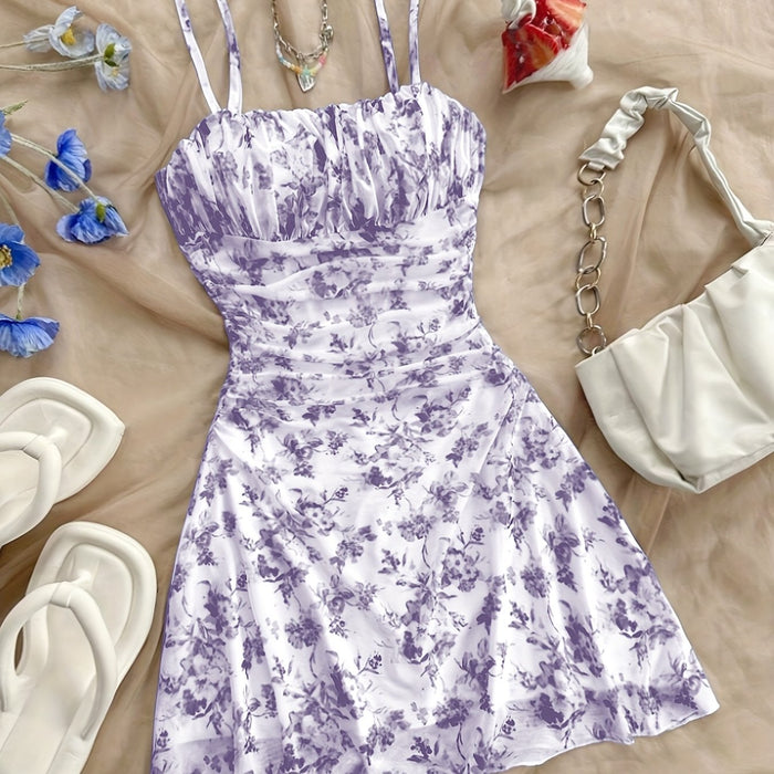 [New Floral Print Elegant Dress] Women's New Floral Print Halter Dress Fashionable Elegant Suitable for All Seasons