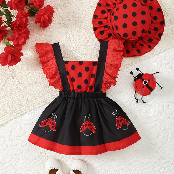 [Ladybug Summer Dress Set] 2pcs Little Bee Ladybug Summer Dress - Striped Full-Print Exposed Back Spliced for Lotus Lace Adjustable Suspender + Sun Hat Set