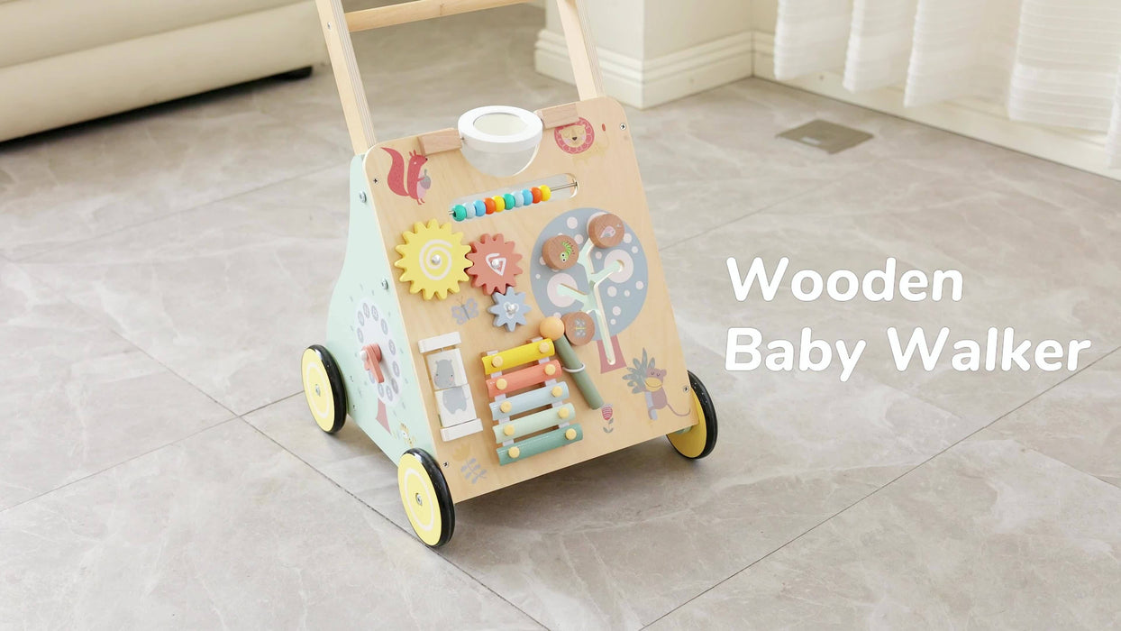 Wooden Baby Walker - Multiple Learning Activities Center Develops Motor Skills for Infant to Toddler, Push and Pull Walkers with Wheel - For Boys & Girls -  Suitable for 6-18 Months -  Perfect Gift for Baby Shower