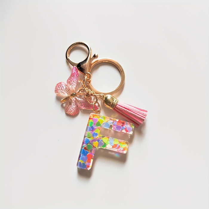 1pc Creative English Letter Pendant Keychain For Girls, Pink Sequin Drop Glue Butterfly Key Chain For Girls, Bag Car Key Ornament Christmas Gift