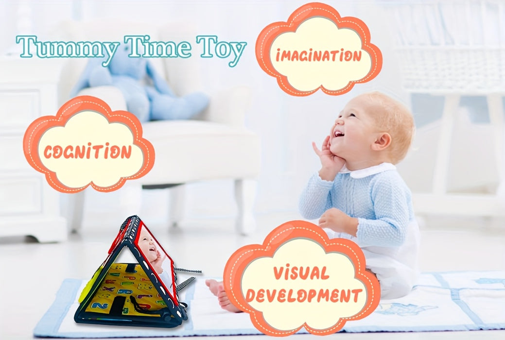Baby Tummy Time Mirror - Early Learning Sensory Stimulation, Safe Materials, Car Seat Back Hanging Toy, Foldable Infant Black and White Cognitive Mirror - Gift