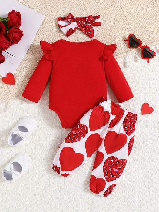 3pcs Baby Girl Outfit Set, "The Princess Has Arrived" Print Long Sleeve Romper with Ruffle Detail, Heart Pattern Print Pants, and Headband, Polyester Knit Fabric, Crew Neck, Regular Fit, for Spring/Fall - Perfect for Valentin